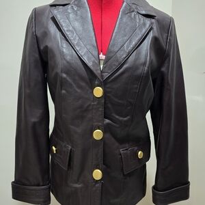 Women's Brown Genuine Leather Jacket with Gold Buttons